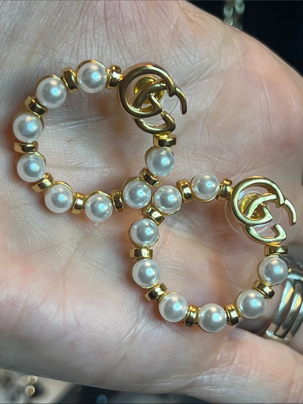 Gold Pearl Hoop Drop Earrings with Interlocking Double G Accent